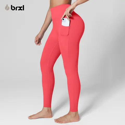 BRXL Women's 25" High Waisted Nylon Blend Leggings - No Front Seam, Buttery Soft, Adjustable Length, Practical Pockets, 4-Way Stretch, High Elasticity, Ice-Cold Fabric, Cotton Crotch Pad, UV-Protective All-Season Sports Bottoms for Gym, Yoga