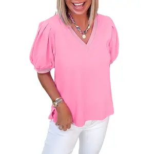 Solid Color V Neck Short Regular & Plus Size Puff Sleeve Blouse Shirts Lightweight