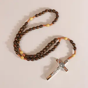 Catholic Rosary Necklace | Large Bead Rosary, Christian Prayer Beads for Car Mirror Decor, First Communion Religious Catholic Keepsake Classic 8mm Solid Wood Rosary Beads Necklace for Men Olive & Dark Wooden Strong Rugged Corded Catholic Rosary