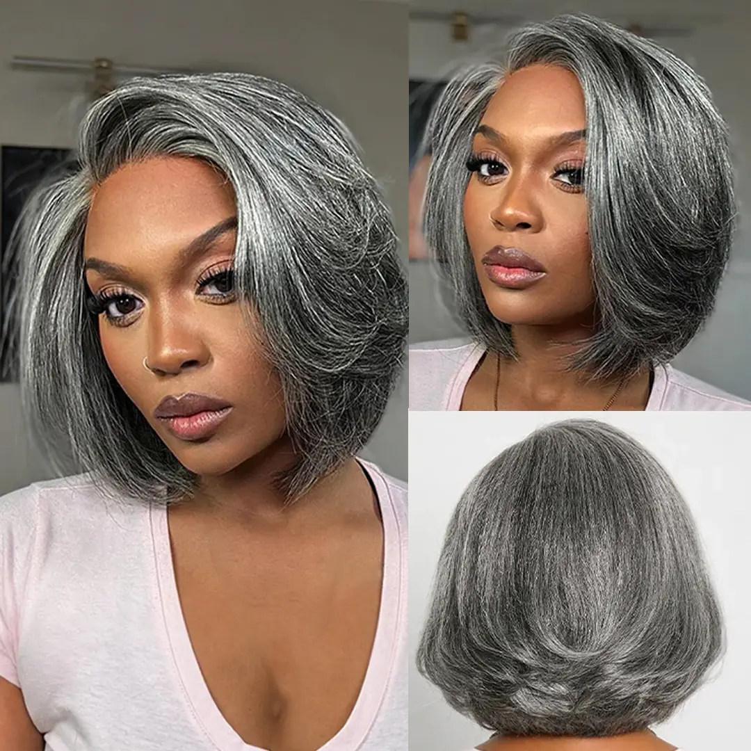 REMY FORTÉ 100% Human Hair 5x5 HD Lace Glueless Salt & Pepper Curly Wave Bob Wig - Pre-Cut, Pre-Plucked, Thick, Smooth, Sturdy, Tape-In Compatible, Headband-Friendly Wear & Go Grey Wig for Summer Natural Hairstyle, Female, Lightweight, Short Bob Cut, Heat