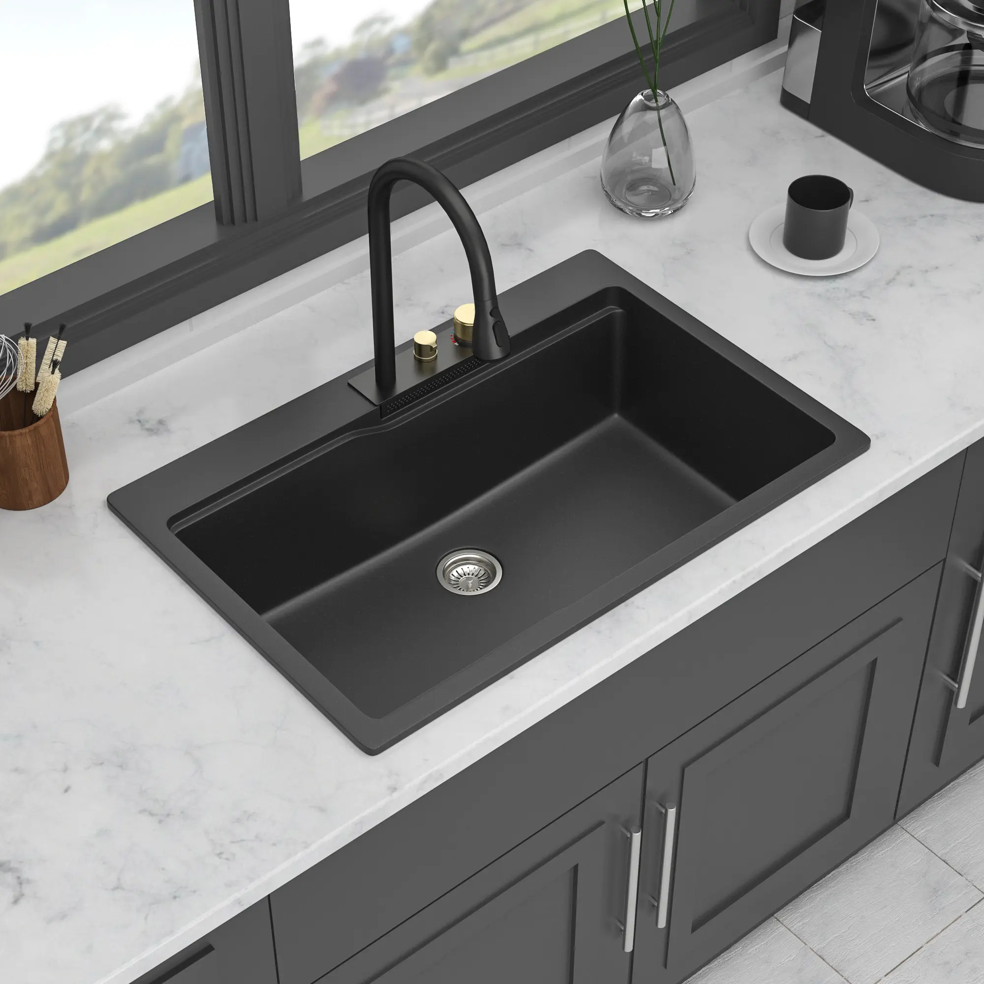 33 x 22 x 10 Inch Black Quartz Composite Single Bowl Workstation Kitchen Sink with Waterfall Faucet, Pull-Out Sprayer, and Accessories