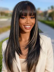 Highlight Wig Long Black Mixed Blonde Straight Layered Cut Wig with Curtain Bangs for Women Synthetic 26 Inch Hair Wigs for Daily Party,Black Mixed Blonde
