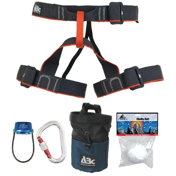 Advanced Base Camp Beginners Rock Climbing Kit - Includes Guide Harness Belay Device Carabiner Chalk Bag and Chalky Ball