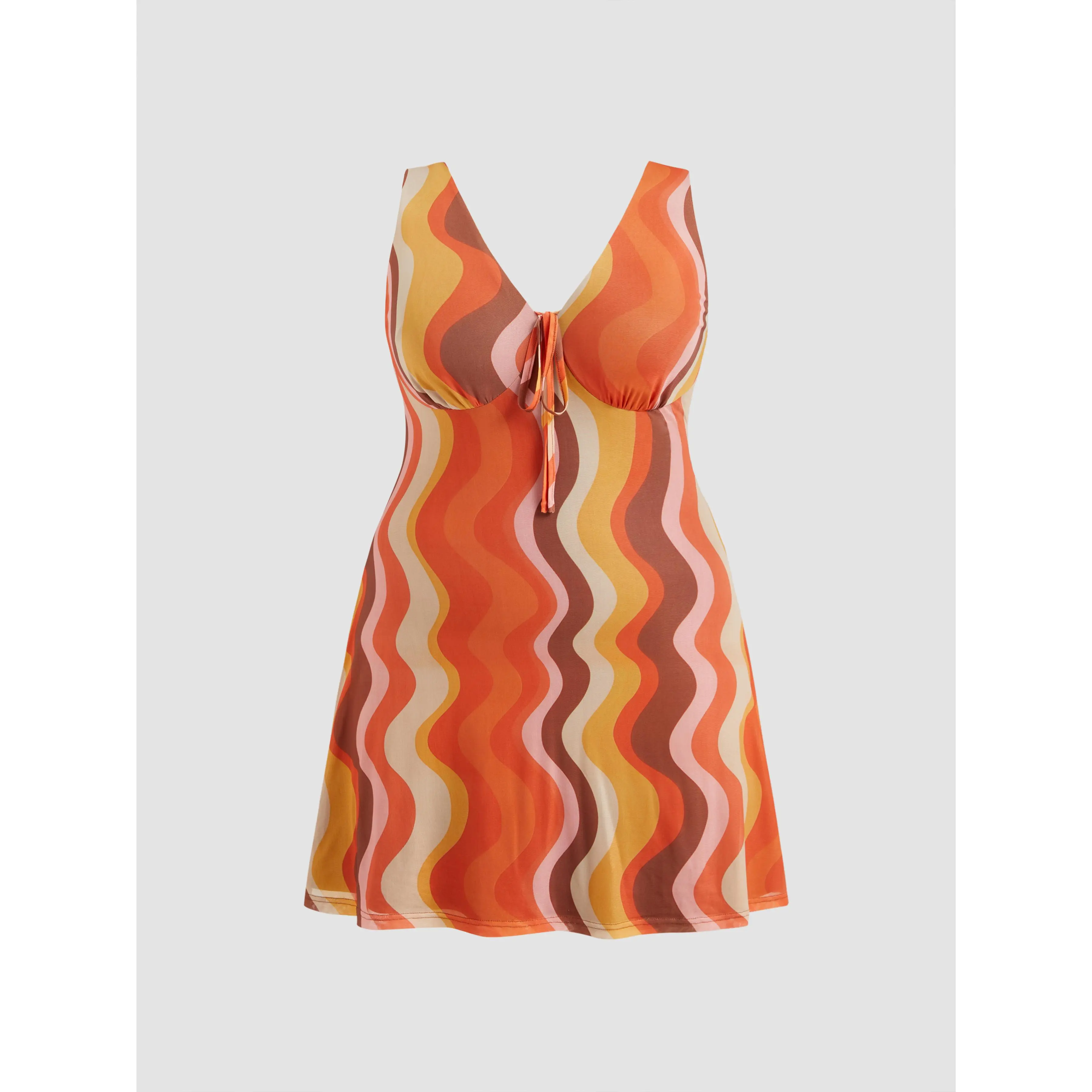 Cider Women's Sleeveless Abstract Wave Mesh Knotted V-Neck Mini Dress - Going Out Festival Wear, Curve & Plus Size, Elastane, Plus Size Available, Bodycon