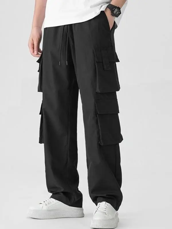 Men’s Basic Casual Cargo Pants - Elastic Loose-Fit, Straight Cut, Drawstring Waist, Multi-Pocket Clothes, All-Season, Comfortable Everyday Wear, Multiple Color Options, Size Up for Larger Preference