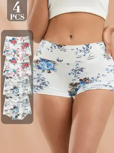 QUASTI 4 Pack High-Waisted Cotton Women's Boxer Shorts Set, Soft Breathable Skin-Friendly Casual Underwear, Multi-Color Comfortable Soft Hip Lifting Floral Print Briefs, Elegant Fashionable Panty, Suitable for Daily Wear Floral Womenswear, S-XXL