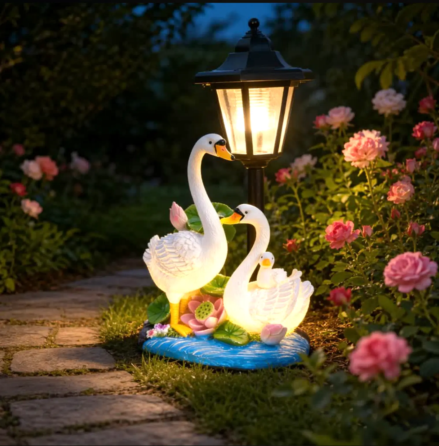 Romantic Solar White Swan Garden Statue with Vintage Lantern - Waterproof Resin Figurine with Light Sensor, Outdoor Decoration for Garden Lovers, Lawn & Patio Home Decor (Love & Family Sets)