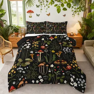 Cute Mushroom Comforter Set,Wild Flowers Jungle Plants Decor Bedding Set for Kids Teens Adults,Natural Moth Snail Rustic Jungle Style Comforter Duvet Set