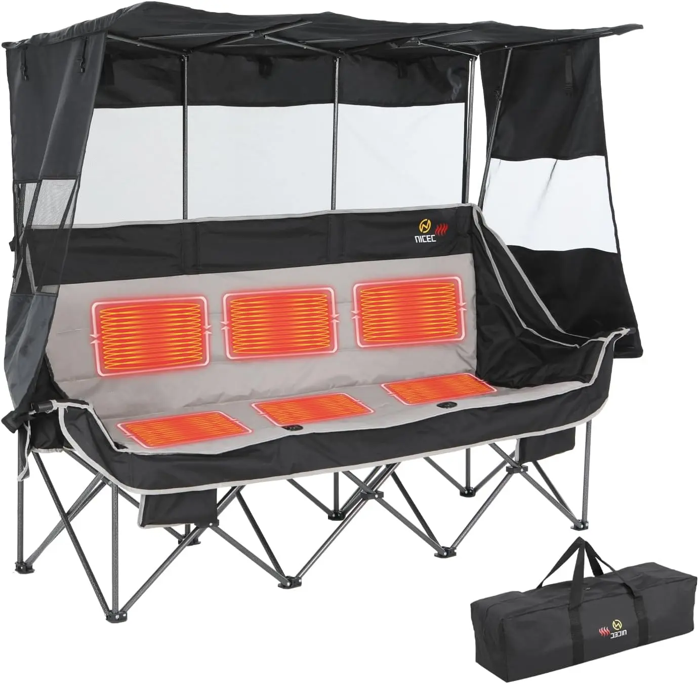 Outdoor Heated 3-Person Camping Chair with Canopy — Heated 2-Person Camping Chair, Oversized Padded Portable Sports Chair with Shade, Cup Holder & Cooler Bag, Suitable for Lawn & Outdoors