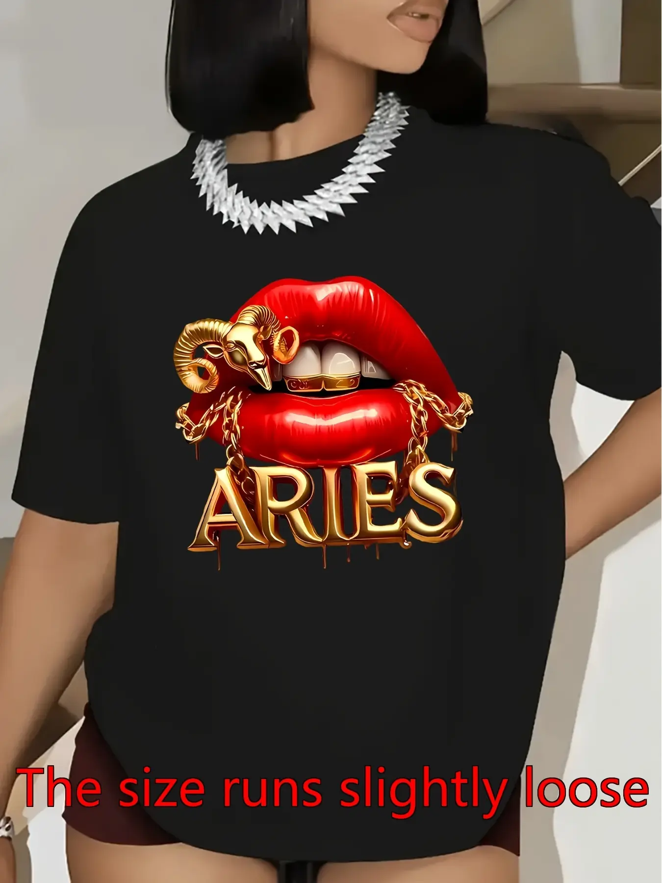 Aries-themed Women's T-shirt- Eye-catching Design Featuring Red Lips and Zodiac Sign Patterns, Inspired by Astrology. This Casual, Crew-neck, Short-sleeved Top Is Made of Medium-stretch Black Fabric, Perfect for Aries Women and Makes an Excellent Gi
