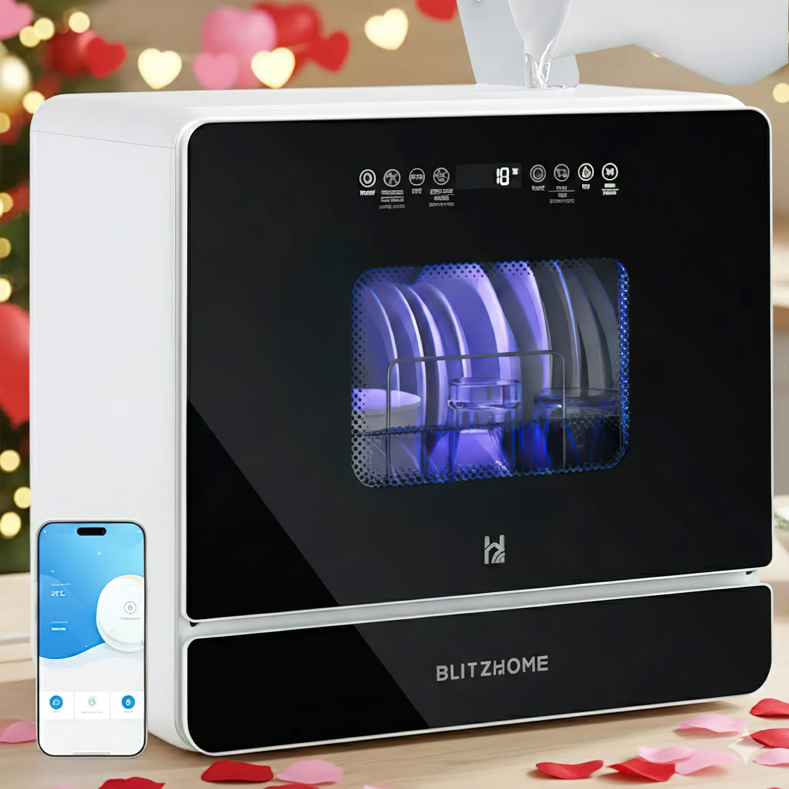 [Dealsforyoudays Summerwins] Table Top Dishwasher, BLITZHOME Portable Countertop Mini Dishwasher WiFi Smart App Control, 9 Programs, 167℉ High-Temp, Hot Air Drying, Air Refresh, 360° 3 Spray, 24H Timing, 5.2L Built-in Water Tank for Apartment Camping RV