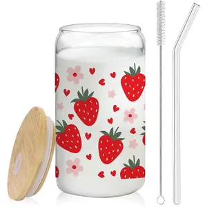 Strawberry Gifts Glass Cup with  and Straws 14oz - Cute Strawberry Accessories Print Glass Coffee Tumbler Drinking Jars with Cleaning Brush
