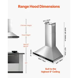 VEVOR Wall Mount Range Hood, 30 inch Chimney-Style Ceiling Mount Vent, 800 CFM Stainless Steel Kitchen Stove Hood with Gesture Touch Control, LED Light, Baffle Filters, Ducted/Ductless Convertible