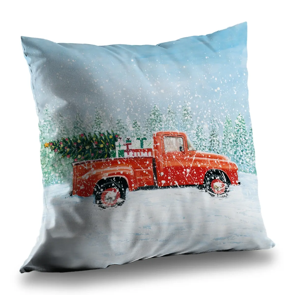 360 Stand 14x14 in Poly Twill Red Christmas Truck Print Throw Pillow - Sofa Cushion, Plush Fill, Festive Holiday Decor for Textiles & Soft Furnishings, Sofa Cushion Support, 14-Inch Standard Pillows, Decorative Cushion, 14" X 14"