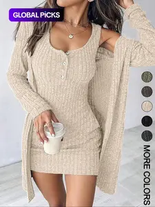 Women's Striped Knit Dress Set, Outfit, Long Sleeve, Cropped, Casual Style, Comfortable Fabric, Fashion Design, Womenswear, Vneck, Perfect for Daily Wear