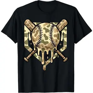 Baseball Drip for Boys Ice Cream Dripping Boys Baseball Camo T-Shirt Casual Cotton