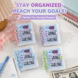 Mini $1000 Savings Challenge Binder, Aesthetic Cash Stuffing Budget Planner with Tracking Cards, Clear Waterproof 6-Ring Pocket Binder