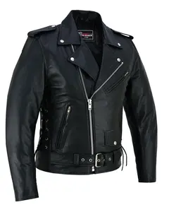 Men's Black Leather Motorcycle Jacket with CE Armor, Classic Biker Style w/ Side Lace & Belted Waist