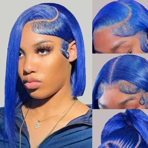 AMZ Dark Blue Bob Wig Human Hair 13x4 Lace Front Wig Pre Plucked HD Transparent Lace Frontal Wigs Royal Blue Short Straight Colored Bob Wig For Women 180% Density