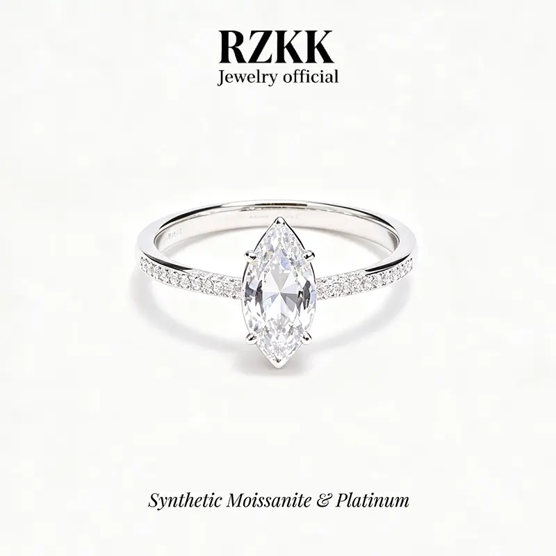 【#20】14K White Gold Marquise Moissanite Ring, Four Prong Solitaire with Pave Side Stones, D VVS Sparkling Promise Wedding Band Fine Jewelry For Women Size 5-9