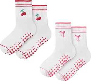 CoolMate Pilates Socks with Grips for Women, Yoga Socks, Crew Non Slip Women for Barre, Pilates Gifts (US, Numeric, 6, 10, Regular, Regular, E-11. 2 Pairs Cherry/Ribbon)