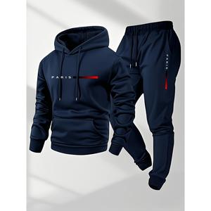A casual set of men's Parisian letter printed hoodies and drawstring sweatpants, shipped in vacuum compression packaging