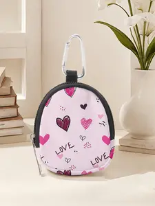 Heart Pattern Mini Wallet, Lightweight Zipper Coin Purse with Hook Clip, Earphone Key Bag, Unisex Casual Style, Valentine's Day Gift, Heart Pattern Print