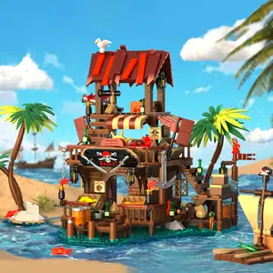 856+ Piece Pirate Bay Market Pirate Ship Building Set, Island Dock Market Wooden Cabin Model Building, Tabletop Display, Home Decor Ornament, Ideal Gift for Men, Teens, Birthdays, Christmas, Halloween, New Year, Blocks Set