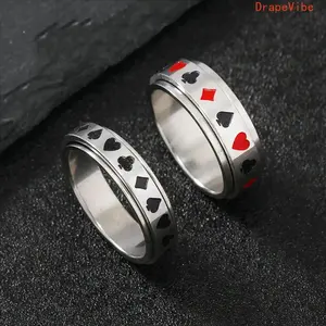 Men's Personality Hip‑Hop Rotatable Poker‑Patterned Decompression Ring Stainless Steel Trendy Jewelry