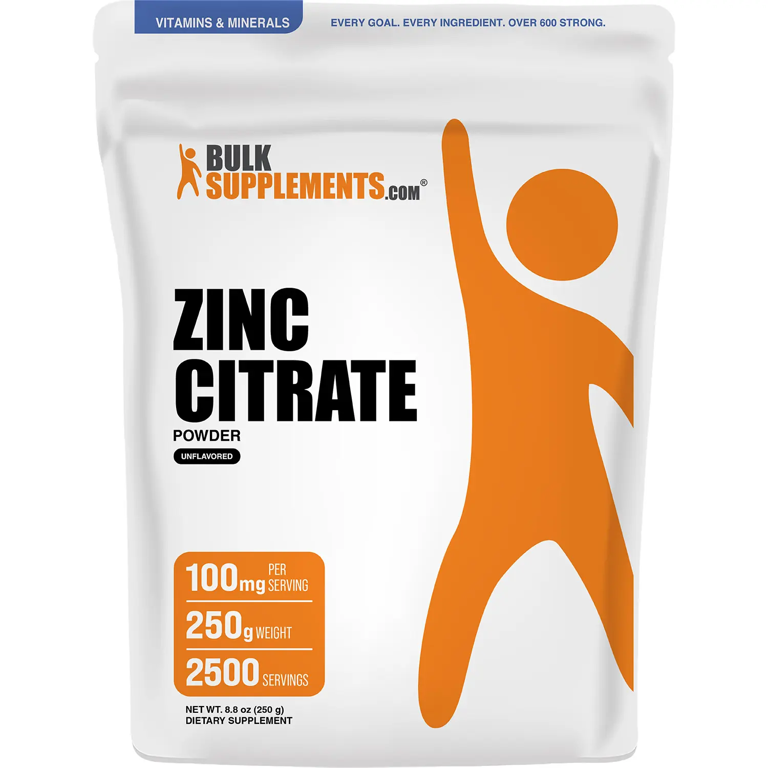 BulkSupplements Zinc Citrate Powder - Clean Daily Dietary Nutrition Supplement - Immune Support, Healthy Skin, Digestion Healthcare - 250g, 100mg per Serving