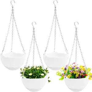 4 Pack 8" Self-Watering Hanging Planter Pots with Metal Chains | White Round Baskets with Water Tray for Indoor & Outdoor Garden, Balcony, Wall, or Flower Décor