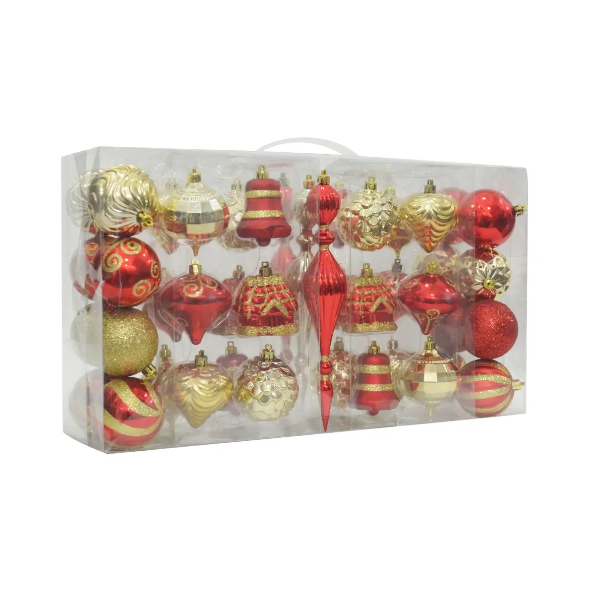 212 MAIN Shatterproof Christmas Ornaments Pack - 43-Piece Assorted Shapes with Bells, 2 Red-Gold Color Options, Storage Box for Indoor Tree Festive Decorations, Bell