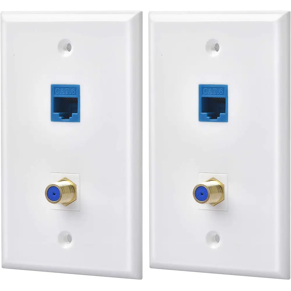 2 Packs Ethernet Coax Wall Plate Outlet with 1 Cat6 Keystone Port and 1 Gold-Plated Coax F Type Port RJ45 Wall Plates