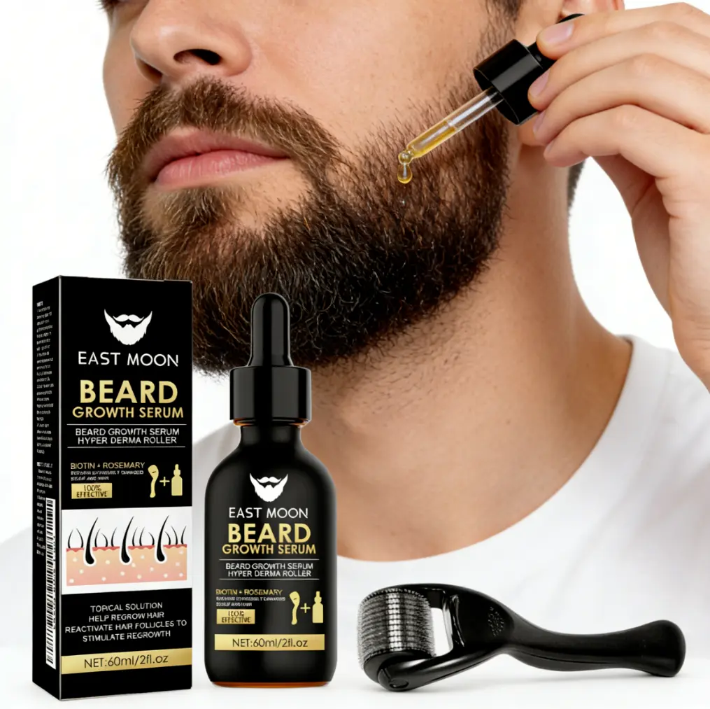 Beard Growth Kit - Essence And Roller Combo Set, Designed To Make Facial Hair Thicker. A Must-Have For Men's Daily Care. Easy To Use And The Perfect Gift For Him.