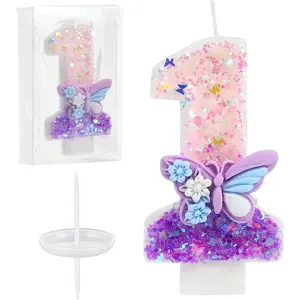 Glitter Number 1 Birthday Candle Cake Topper Pink Purple Butterfly Sequins Candle for Girls Women Birthday Anniversary Celebration Cake Supplies