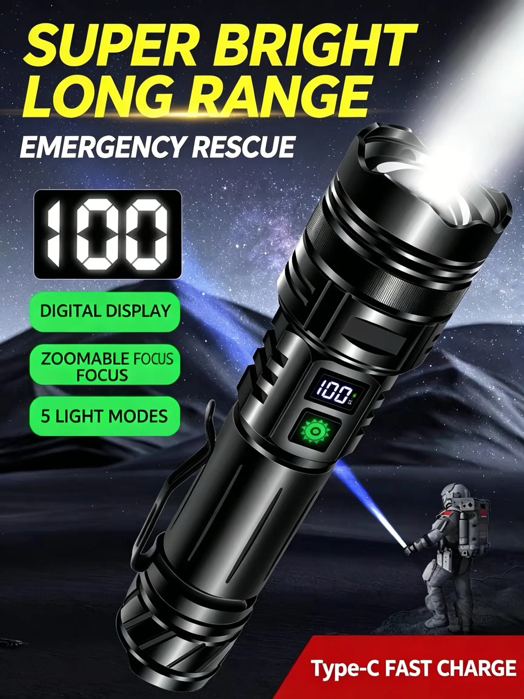 Super Bright Long Range Zoomable Flashlight with Digital Power Display, 5 Light Modes, IPX6 Waterproof, Type-C Rechargeable High Capacity Handheld Torch for Camping Hiking Emergency Rescue