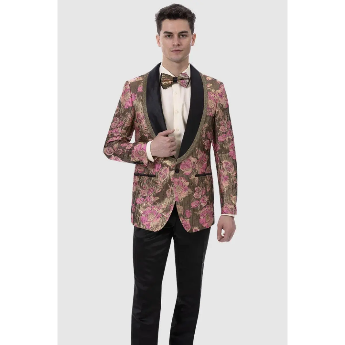 Mens Vintage Style Floral Paisley Prom Tuxedo Smoking Jacket in Fuschia & Gold
