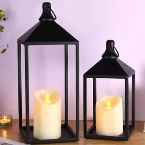2 count Farmhouse Lantern Decor with LED Flickering Flameless Candles - Black Metal Lanterns Decorative for Home Decor, Fireplace Mantle or Table Centerpiece, Ramadan Lantern Decor