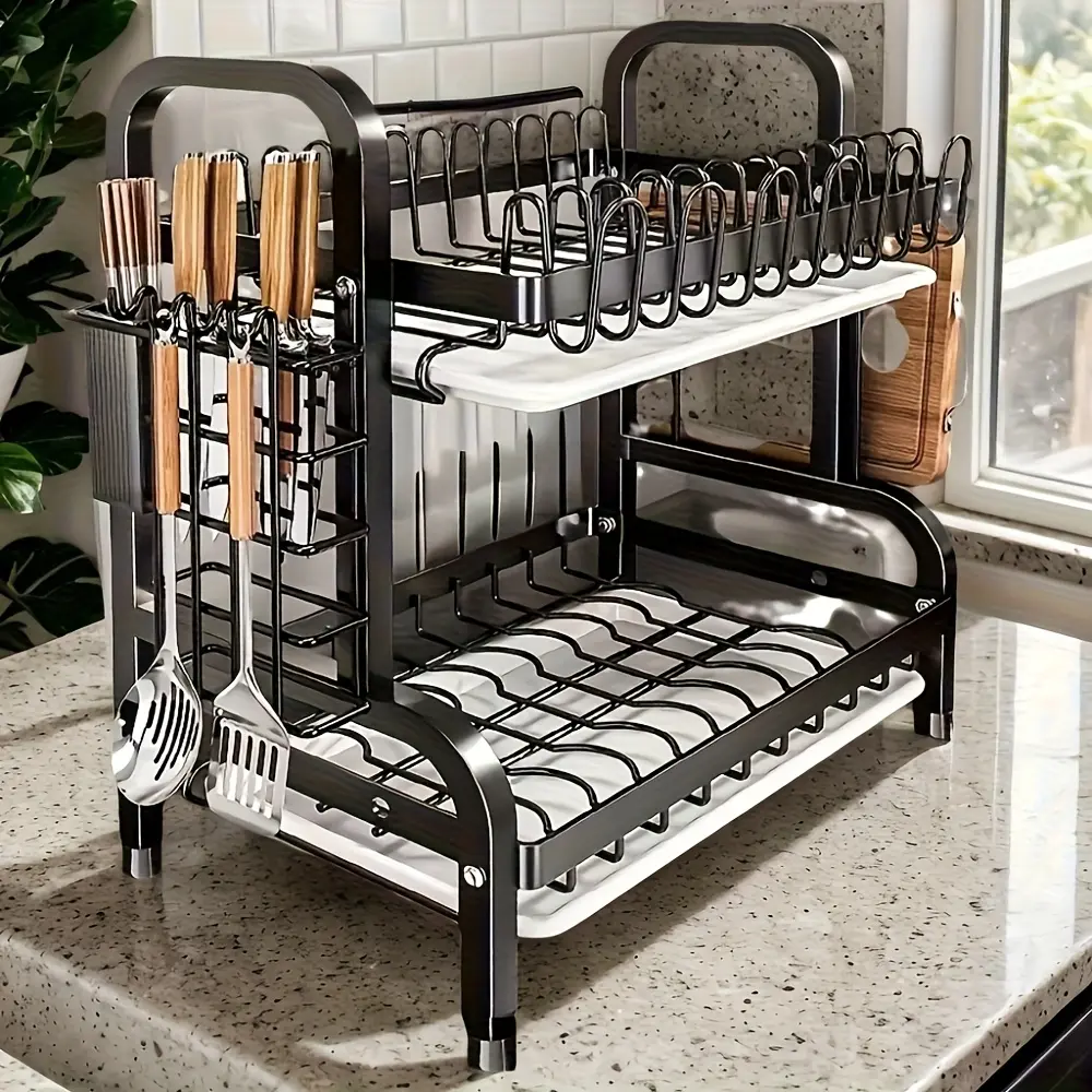 This Double-Layer Metal Kitchen Countertop Dish Rack Is Space-Saving And Durable. It Comes With A Knife And Fork Holder, Cup Holder, Cutting Board Holder, And Rust-Proof Drain Tray. Kitchen Storage Items Help You Keep Your Kitchen Neat And Organized.