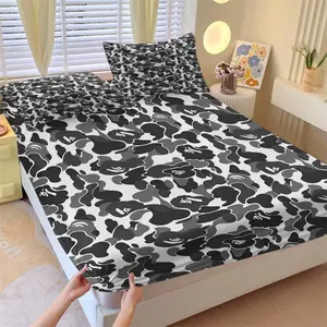 Black White Gray Dense Camouflage Camo Print Fitted Sheet Set, 1 Fitted Sheet + 2 Pillowcases - 3 Piece Soft Breathable Sheets Deep Pocket Bedding, 360° fully wrapped, Streetwear Hypebeast Style, Gift for Camouflage Lovers & Streetwear Hypebeast Fans