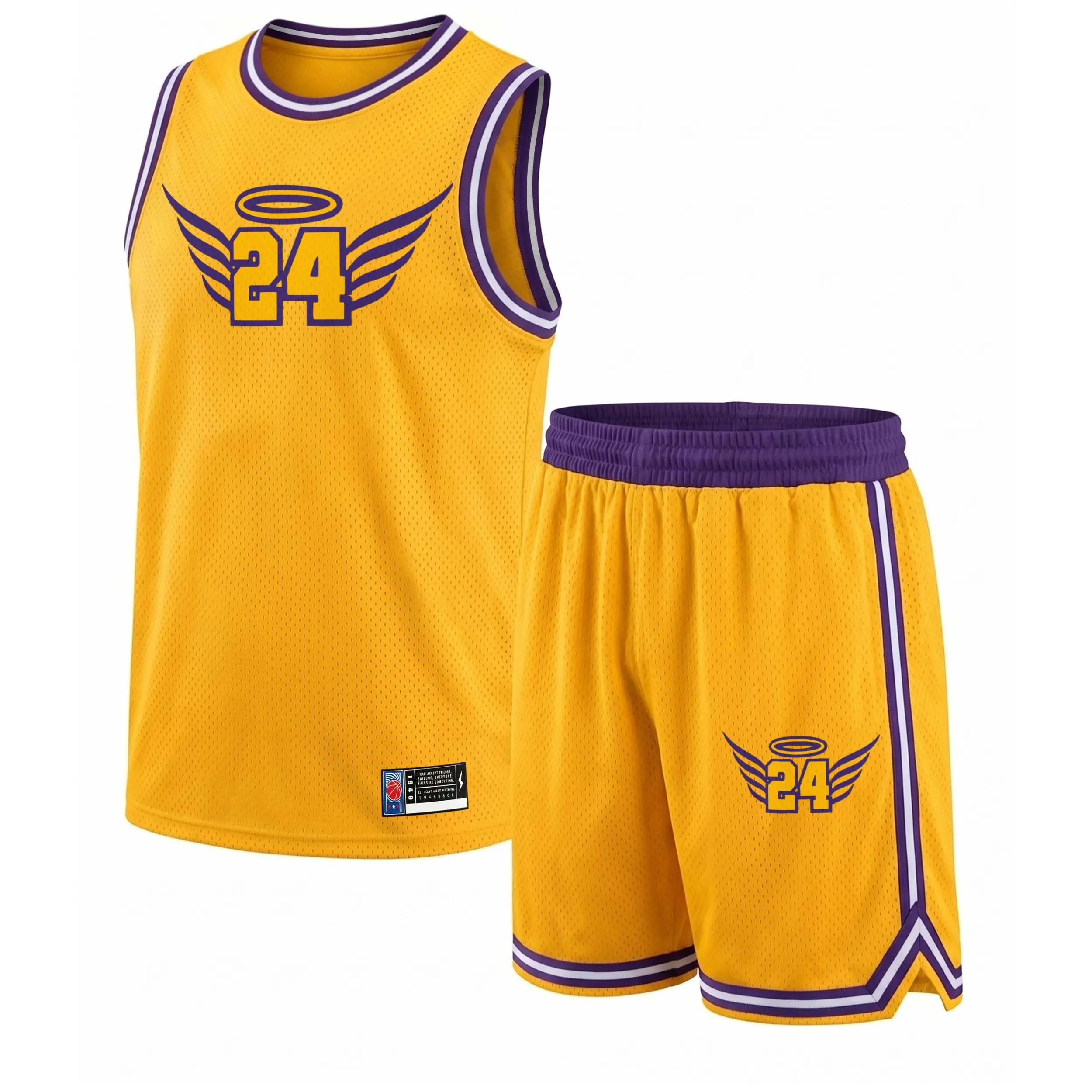 Men’s 24 Mesh Sport Angel Wings 2-Piece Basketball Jersey Set - Sleeveless Breathable Top, Athletic Bottoms, Lightweight Sportswear for Gym, Streetwear, Breathable Tops, Color Block, 2 Piece Outfit, Loose Fit, Mesh Fabric, Shorts, Moisture-Wick
