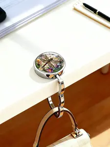 Stained Glass Dragonfly & Floral Purse Hook, Foldable Metal Table Bag Hanger, Portable Handbag Holder for Desk, Anti-Slip Bag Hook for Women, Sturdy Functional