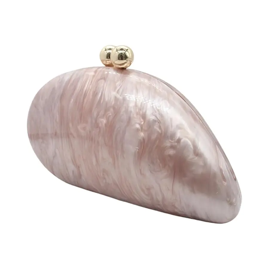 PSBIY Women's Fashion Luxe Clutch - Elegant Shell-Shaped Evening Party Purse, Pearlescent Pink Marble Pearl Finish Material, Gold Metal Secure Close Clasp & Chain Crossbody/Shoulder Bag