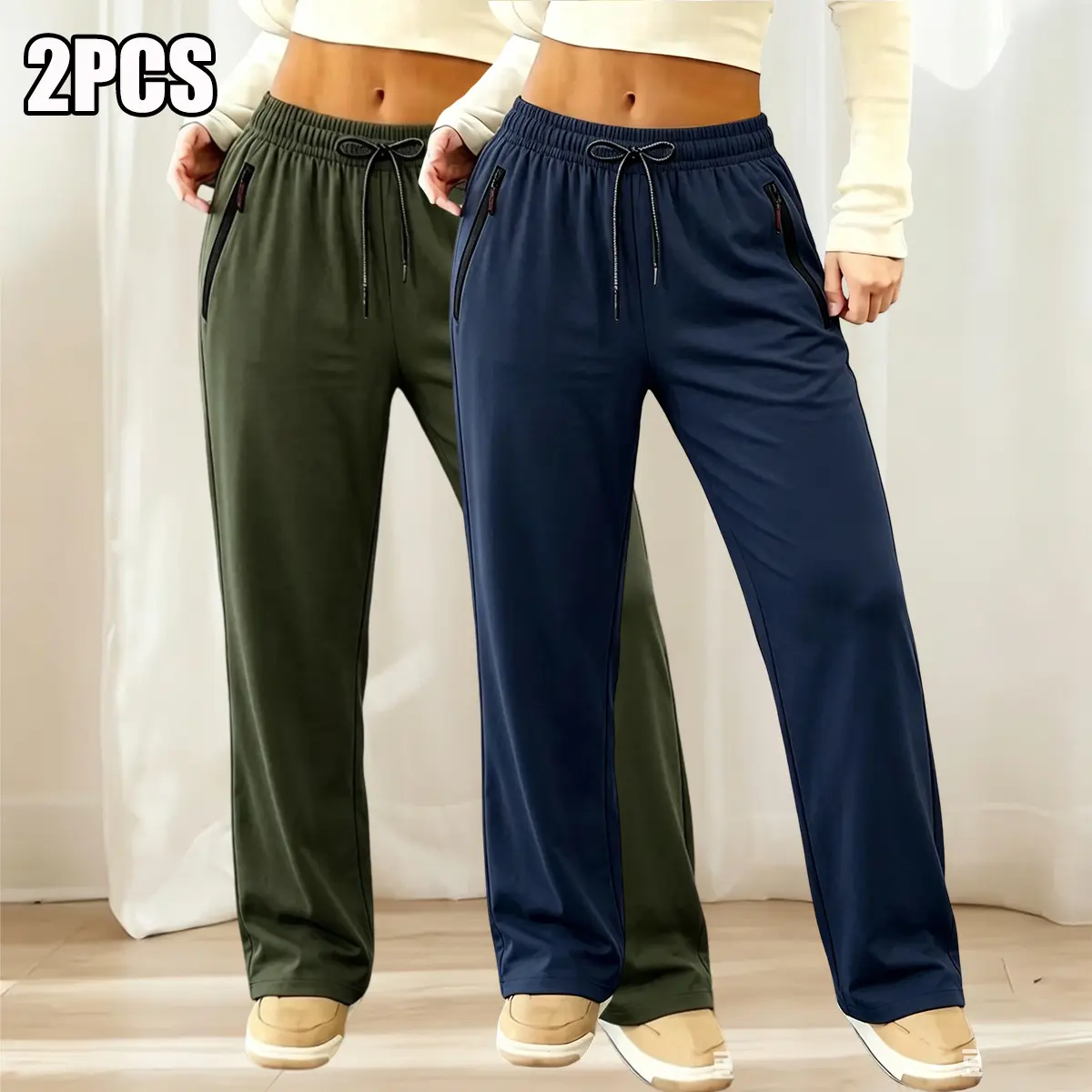 2-Pack Women’s Casual Jogger Pants, Drawstring Waist, Pockets, Straight Loose Fit, Solid Color, Comfortable and Breathable, Minimalist Style, Essential for Everyday Wear