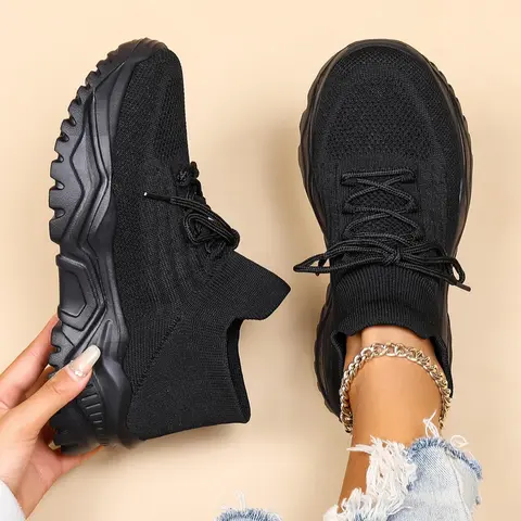 Women's Fashion Lace-Up Solid Color Sneakers, Casual Comfortable Sports Low Top Mesh Fabric Sneakers, Thick Sole Sneakers, Athletic Breathable Walking Sneakers, Trendy Shoes for Daily Wear, Casual Sneaker Trainer, Everyday Casual Sneakers