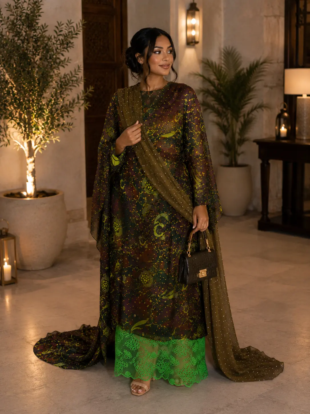 Elegant Somali Saad Dirac Set with Floral Print Gold Shimmer & Green Lace Detail Full Bacweyne for Special Occasions Womenswear Clothes