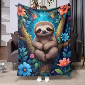 Cute Sloth Pattern Blanket, 1 Count Soft Comfortable Throw Blanket, Multipurpose Napping Blanket for Bed, Sofa, Office, Home, Travel, Camping