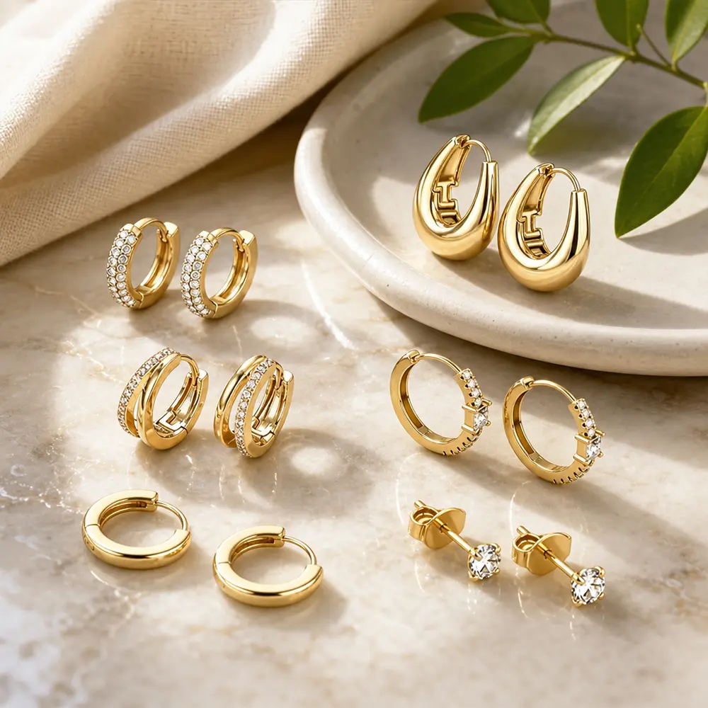 6 Pairs Small 14K Gold Hoop Earrings – Trendy Hypoallergenic Silver Earring Stacks, Chunky Double Hoop Jewelry, Lightweight – Perfect for Cartilage, Helix,Great Gift for Women