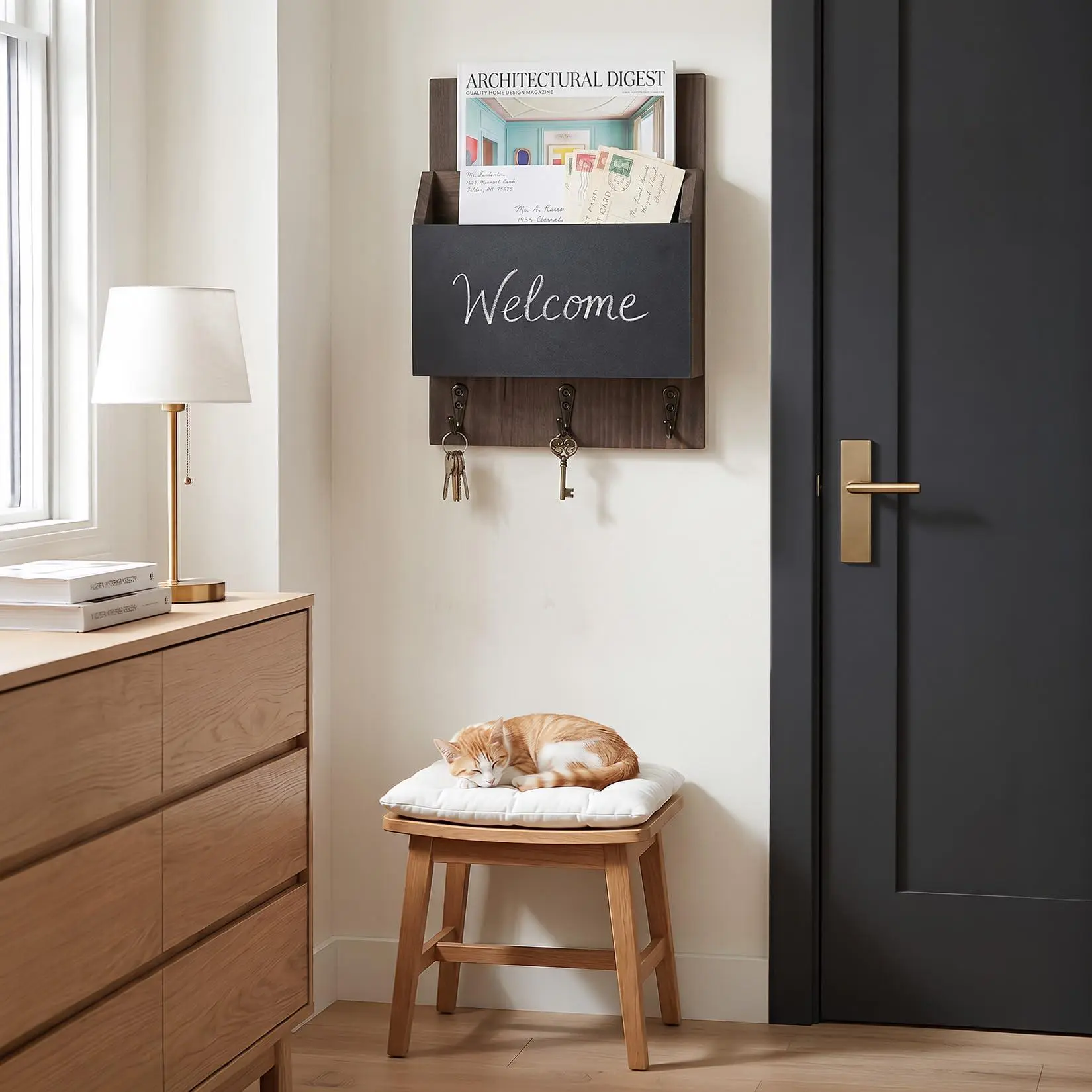 Wall Mounted Key Holder with Mail Organizer, Entryway Storage Rack with Chalkboard and Long Shelf, Wooden Key Hanger with 3 Hooks for Keys, Coats, Dog Leashes and Small Items, black
