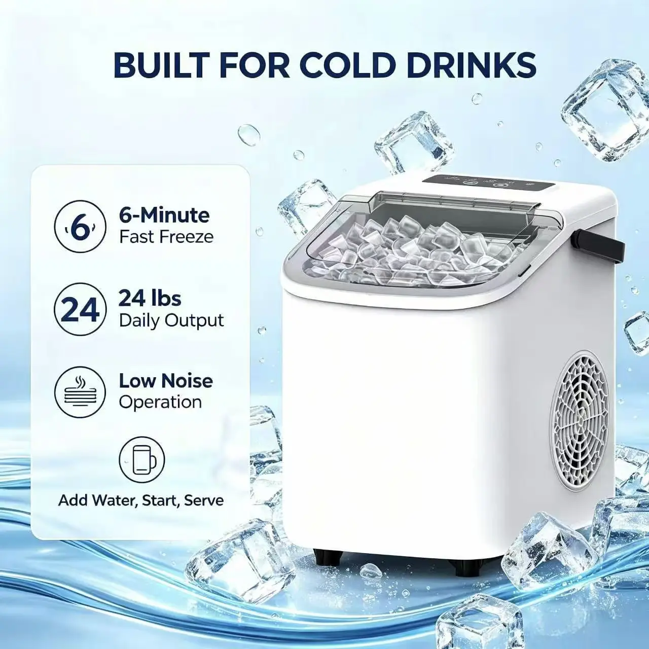 Light-Luxury Taiwanese-Style Home Ice Maker, 6-8 Min Production, 2 Cube Sizes, Self-Cleaning, Ideal for Summer Family Gatherings & Outdoor Events